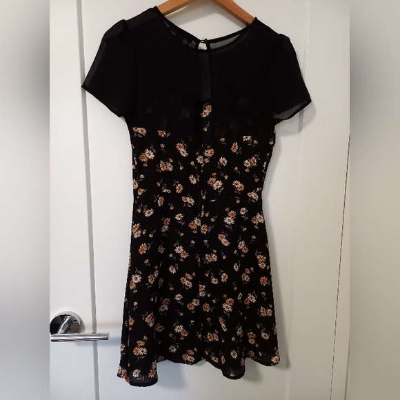 *SOLD* Black Sheer Daisy Print Short Sleeve Mini Dress - Picture 4 of 6